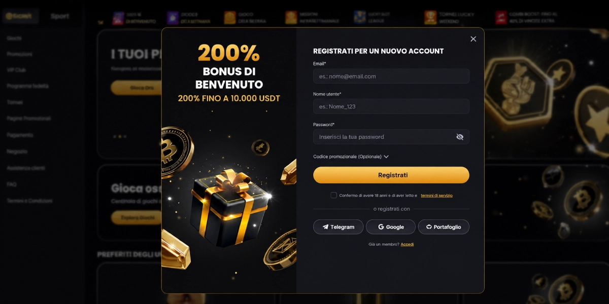 Modulo di registrazione su Lucky Block Casino e bonus del 200% fino a 10.000 USDT